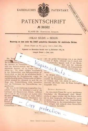 original Patent - Oskar Seldis in Berlin , 1885 , Umschaler für elektrische Ströme !!!