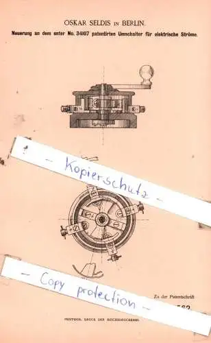 original Patent - Oskar Seldis in Berlin , 1885 , Umschaler für elektrische Ströme !!!