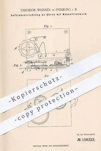 original Patent - Theodor Weisser , Freiburg , 1898 , Aufziehvorrichtung an Uhren mit Nebentriebwerk | Uhr , Uhrwerk !!