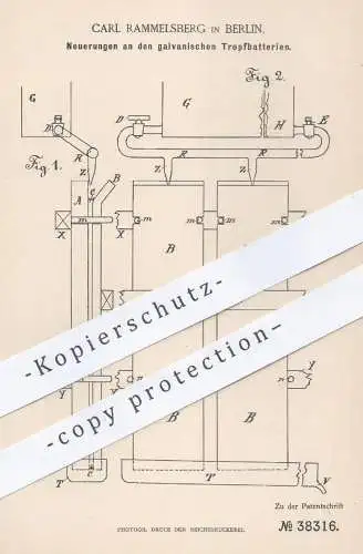 original Patent - Carl Rammelsberg , Berlin , 1886 , galvanische Tropfbatterien | Chromsäure - Batterie , Batterien !!