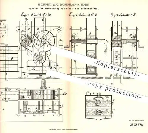 original Patent - H. Zerning & G. Eschenhorn , Berlin , 1885 , Umwandlung von Fäkalien in Brennmaterial | Kläranlange !