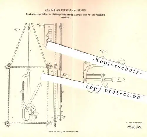 original Patent - Maximilian Plessner , Berlin 1893 , Halten der Kleidungsstücke beim An- u. Ausziehen | Kleidung , Mode