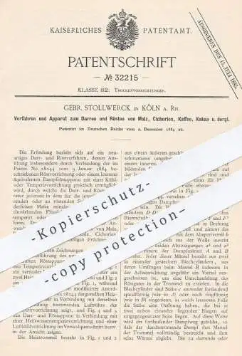 original Patent - Gebr. Stollwerck , Köln / Rhein , 1884 , Darren u. Rösten von Malz , Cichorien , Kaffee , Kakao !!!