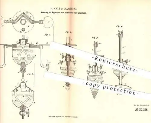 original Patent - H. Vale , Hamburg , 1884 , Apparat zum Carburieren von Leuchtgas | Gas , Licht , Beleuchtung !!!