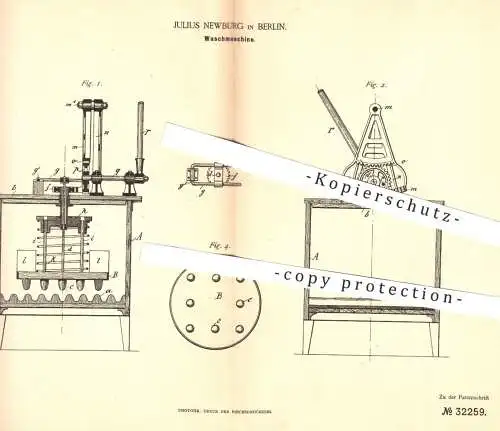 original Patent - Julius Newburg , Berlin , 1884 , Waschmaschine , Waschmaschinen | Wäsche , Waschen , Wäscherei !!!