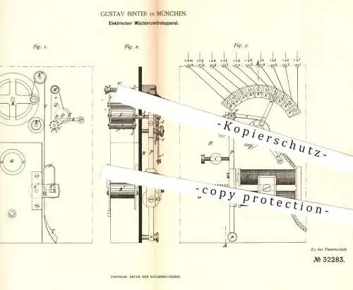 original Patent - Gustav Binter , München  1885 , Elektrischer Wächterkontrollapparat | Wächter , Magnet , Elektromagnet