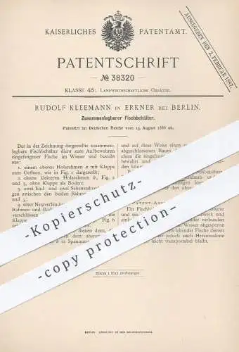 original Patent - Rudolf Kleemann , Erkner / Berlin , 1886 , Zusammenlegbarer Fischbehälter | Fische , Fischer , Angler