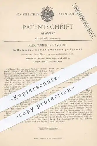 original Patent - Alex. Tümler , Hamburg , 1888 , Selbsteinkassierender Druckanzeige - Apparat | Automat , Druck !!