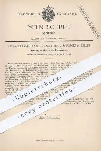 original Patent - Hermann Langgaard u. Schiebeck & Plentz , Berlin , 1886 , elektrische Bogenlampe | Lampe , Licht !!