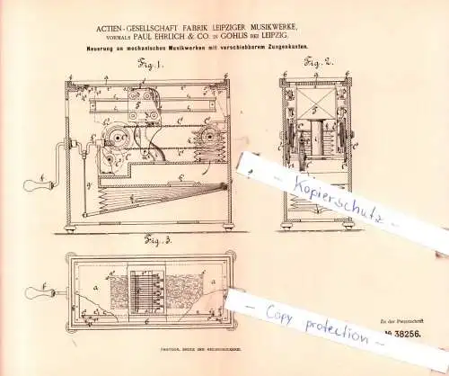 original Patent - Actien-Gesellschaft Fabrik Leipziger Musikwerke in Gothlis bei Leipzig , 1885 , Musikinstrumente !!!