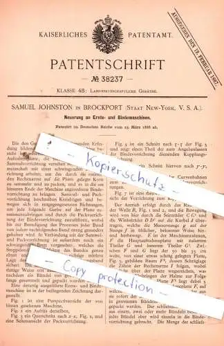 original Patent - Samuel Johnston in Brockport , Staat New-York, USA , 1886 , Neuerung an Ernte- und Bindemaschinen !!!