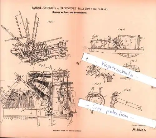 original Patent - Samuel Johnston in Brockport , Staat New-York, USA , 1886 , Neuerung an Ernte- und Bindemaschinen !!!