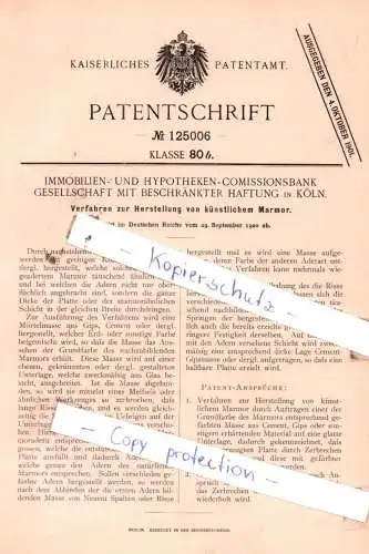 original Patent - Immobilien- und Hypotheken-Commissionsbank in Köln , 1900 , Herstellung von Marmor !!!