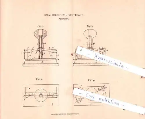 original Patent - Herm. Herdegen in Stuttgart , 1899 , Papierlocher !!!