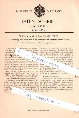 original Patent - W. Mather in Manchester , 1899 , Vorrichtung, um feste Stoffe in wasserfreien Zustand überzuführen !!!