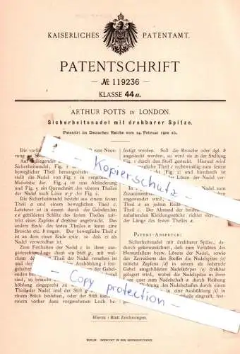 original Patent - Arthur Potts in London , 1900 , Sicherheitsnadel mit Spitze !!!