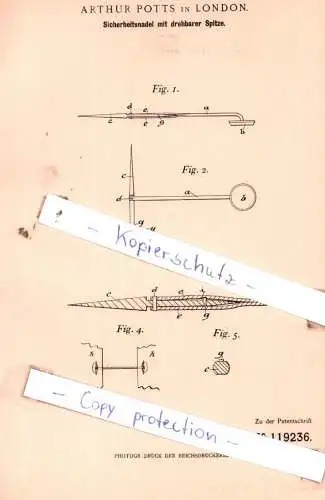 original Patent - Arthur Potts in London , 1900 , Sicherheitsnadel mit Spitze !!!