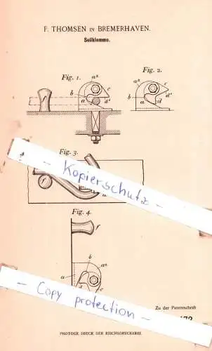 original Patent - F. Thomsen in Bremerhaven , 1897 , Seilklemme !!!