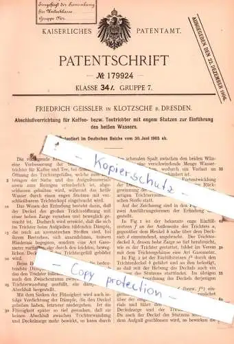 original Patent - F. Geissler in Klotzsche b. Dresden , 1905 , Abschlußvorrichtung für Kaffee- und Teetrichter !!!