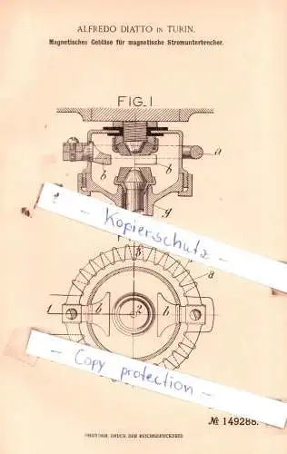 original Patent - Alfredo Diatto in Turin , 1902 , Magnetisches Gebläse für Stromunterbrecher !!!