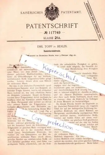 original Patent - Emil Topp in Berlin , 1899 , Sammlerelektrode !!!