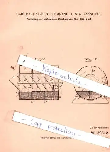 original Patent - C. Martini & Co. Kommanditges. in Hannover , 1901 ,  Vorrichtung zur stufenweisen Waschung von Kies!!!