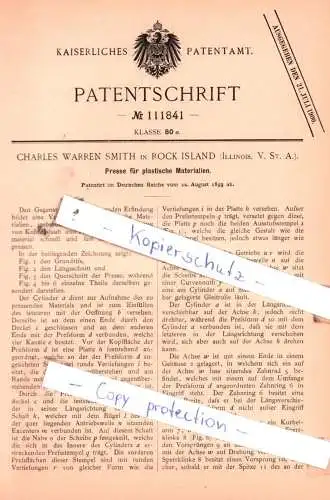 original Patent - Charles Warren Smith in Tock Island, Illinois, USA , 1899 , Presse für plastische Materialien !!!