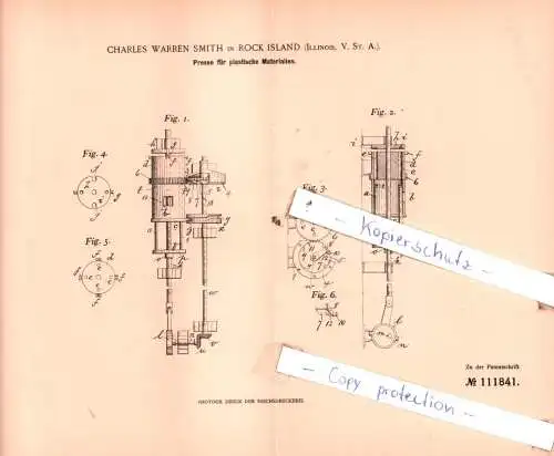 original Patent - Charles Warren Smith in Tock Island, Illinois, USA , 1899 , Presse für plastische Materialien !!!