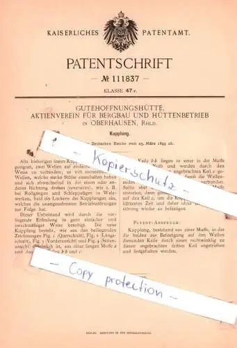 original Patent - Gutehoffnungshütte, Aktienverein für Bergbau und Hüttenbetrieb in Oberhausen, 1899 , Kupplung !!!