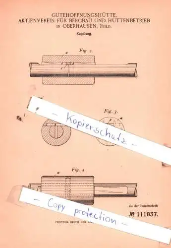 original Patent - Gutehoffnungshütte, Aktienverein für Bergbau und Hüttenbetrieb in Oberhausen, 1899 , Kupplung !!!