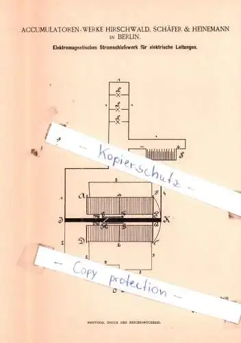 original Patent - Accumulatoren-Werke Hirschwald, Schäfer & Heinemann in Berlin , 1893 , Elektrische Apparate !!!