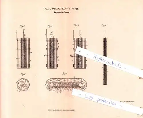 original Patent - Paul Jablochkoff in Paris  , 1884 , Regenerativ-Element !!!