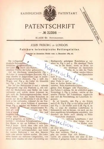 original Patent - John Friborg in London , 1884 , Fahrbare teleskopische Rettungsleiter !!!