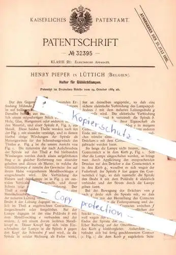 original Patent - Henry Pieper in Lüttich , Belgien , 1884 , Halter für Glühlichtlampen !!!