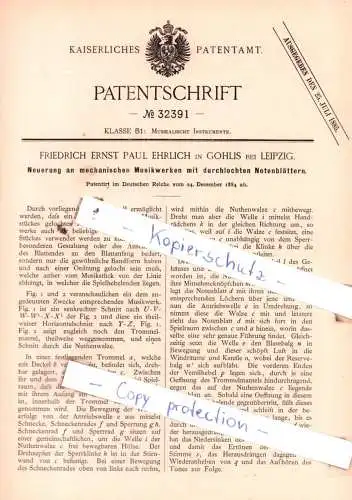 original Patent - F. E. P. Ehrlich in Gohlis bei Leipzig , 1884 , Musikalische Instrumente !!!