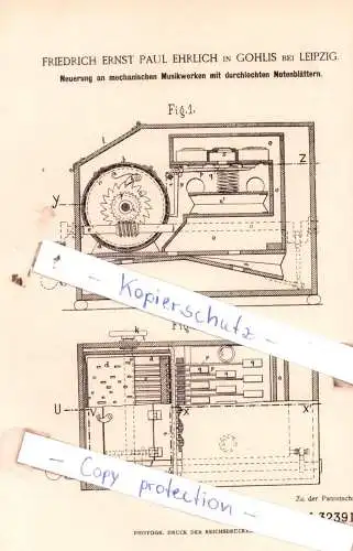 original Patent - F. E. P. Ehrlich in Gohlis bei Leipzig , 1884 , Musikalische Instrumente !!!