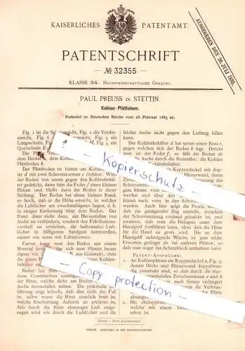 original Patent -  Paul Preuss in Stettin , 1885 , Kohlen-Plätteisen !!!