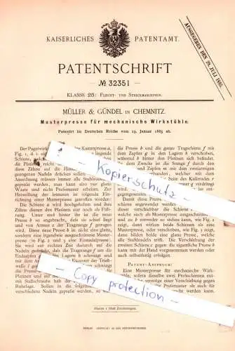 original Patent - Müller & Gündel in Chemnitz , 1885 , Musterpresse für Wirkstühle !!!