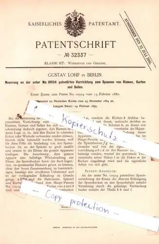 original Patent - Gustav Lohf in Berlin , 1880 , Neuerung an der Vorrichtung zum Spannen von Riemen !!!