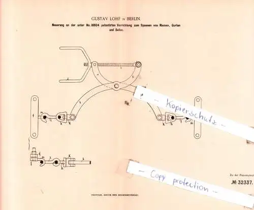 original Patent - Gustav Lohf in Berlin , 1880 , Neuerung an der Vorrichtung zum Spannen von Riemen !!!