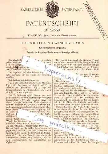 original Patent - H. Lecouteux & Garnier in Paris , 1884 , Geschwindigkeits-Regulator !!!