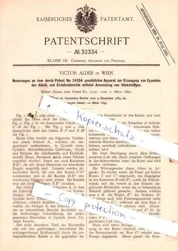 original Patent - Victor Alder in Wien , 1884 ,  Neuerungen an dem Apparat zur Erzeugung von Cyaniden !!!