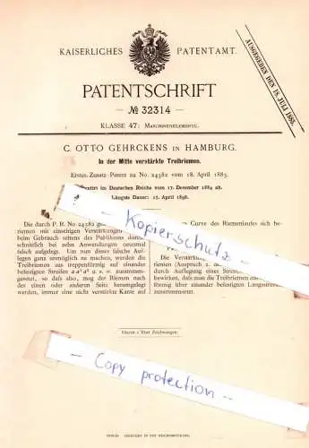 original Patent - C. Otto Gehrckens in Hamburg , 1884 , In der Mitte verstärkte Treibriemen !!!