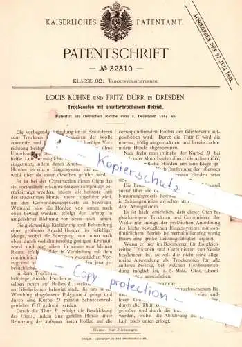 original Patent - Louis Kühne und Fritz Dürr in Dresden , 1884 , Trockenofen mit ununterbrochenem Betrieb !!!