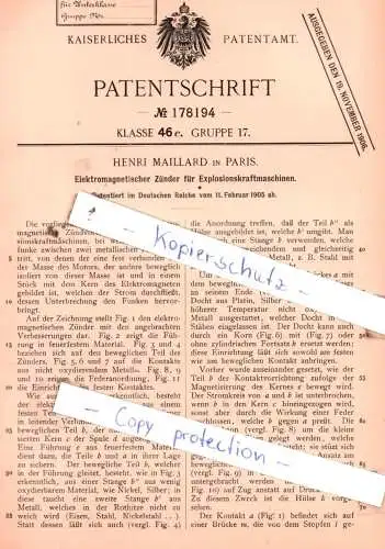 original Patent - Henri Maillard in Paris , 1905 ,  Elektromagnetischer Zünder für Explosionskraftmaschinen !!!