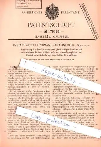 original Patent - Dr. Carl Albert Lindman in Helsingborg, Schweden , 1906 , Vorrichtung für Druckpressen !!!