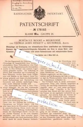 original Patent - Montague Moore in Melbourne und Thomas James Heskett in Brunswick , Austr. , 1904 , Ofenanlage !!!