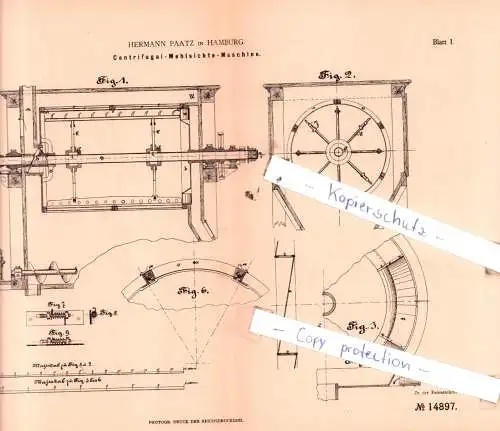 original Patent - Hermann Paatz in Hamburg , 1880 , Centrifugal-Mehlsichte-Maschine !!!