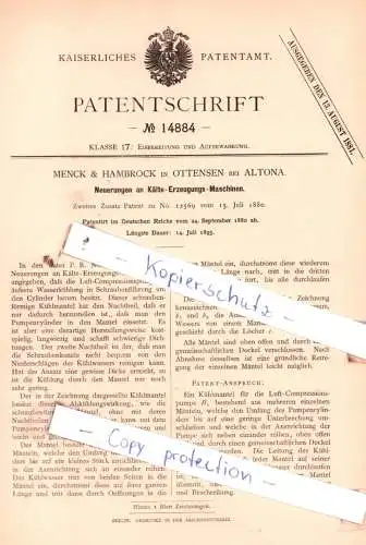 original Patent - Menck & Hambrock in Ottensen bei Altona , 1880 , Neuerungen an Kälte-Erzeugungs-Maschinen !!!