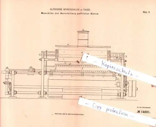 original Patent - Alphonse Monchablon in Paris , 1880 , Spinnerei !!!